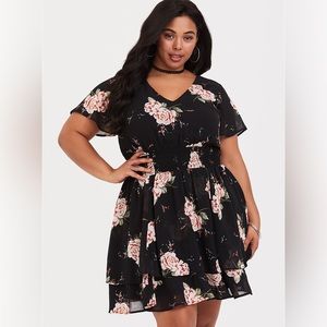 Torrid Black Floral Smocked Georgette Dress